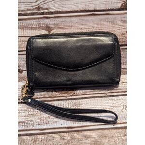 Vintage Women's Wristlet Wallet Black Genuine Leather Zip Around Clutch